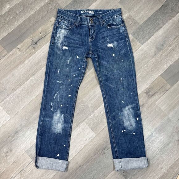 Express Distressed Bleach Splatter Baggy Straight Leg Boyfriend Jeans Blue 2 - Picture 13 of 13